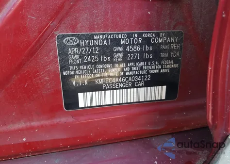2012 Hyundai Sonata Hybrid z USA, uszkodzony, nr VIN KMHEC4A46CA034122